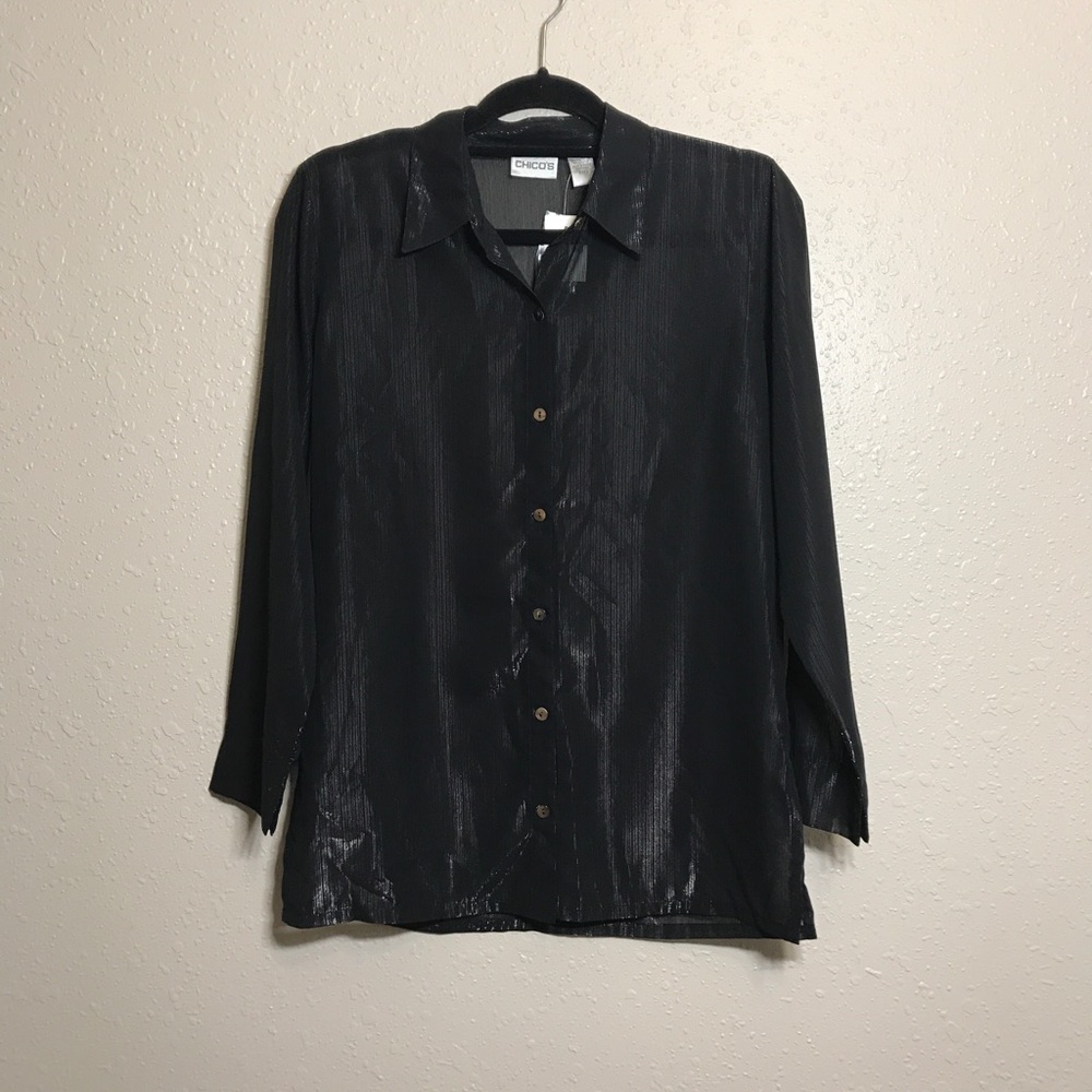 NWT CHICOS Women’s Metallic Button Down Sheer Top Sz 0/ S
